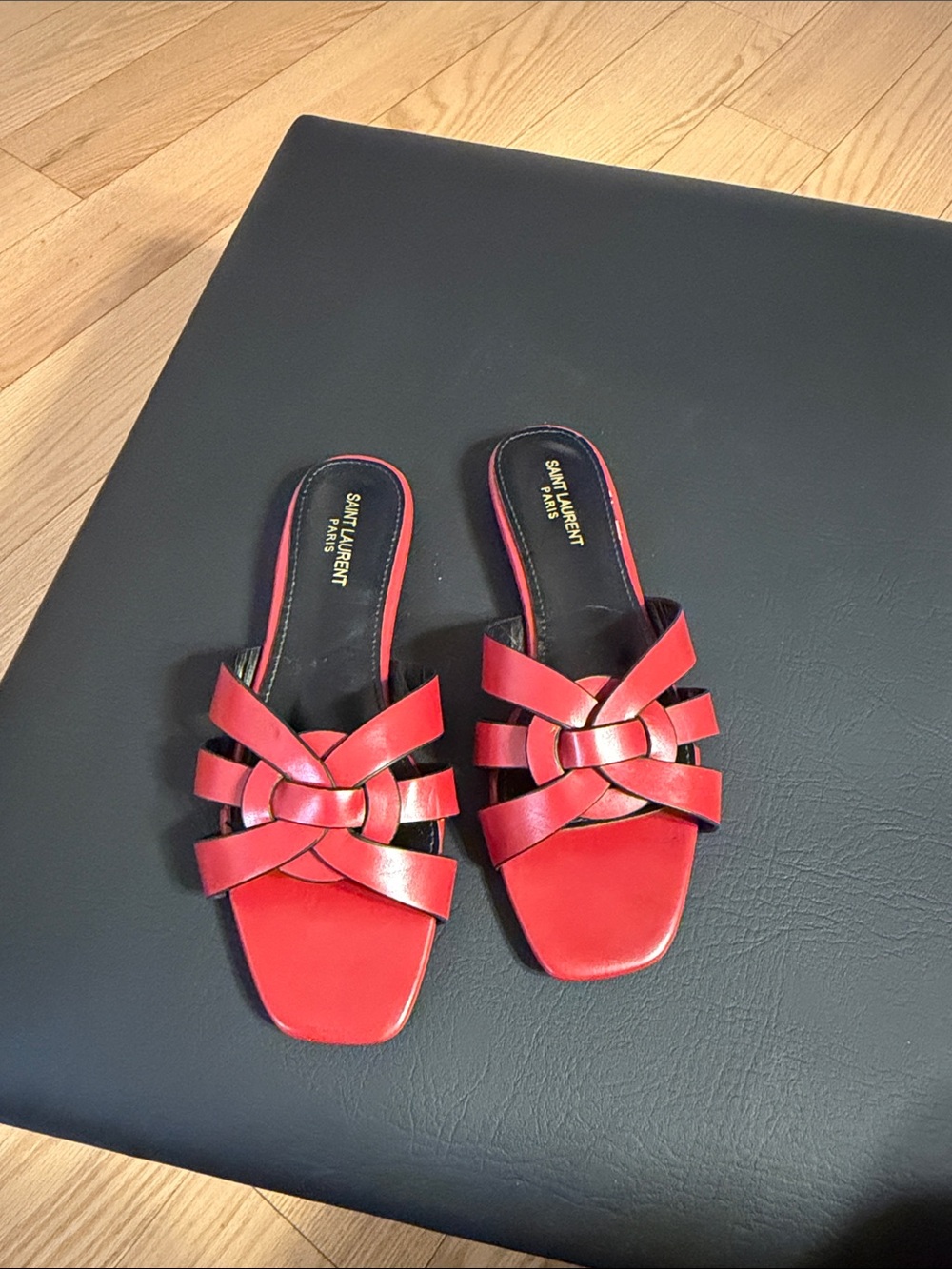 Saint Laurent Red Leather Woven Slide Mules